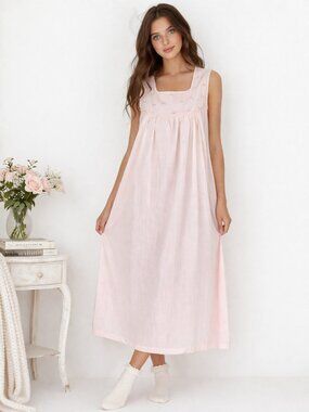 Vintage Pink Cotton Nightgown Women Romantic Sleepwear Classic Feminine One Size